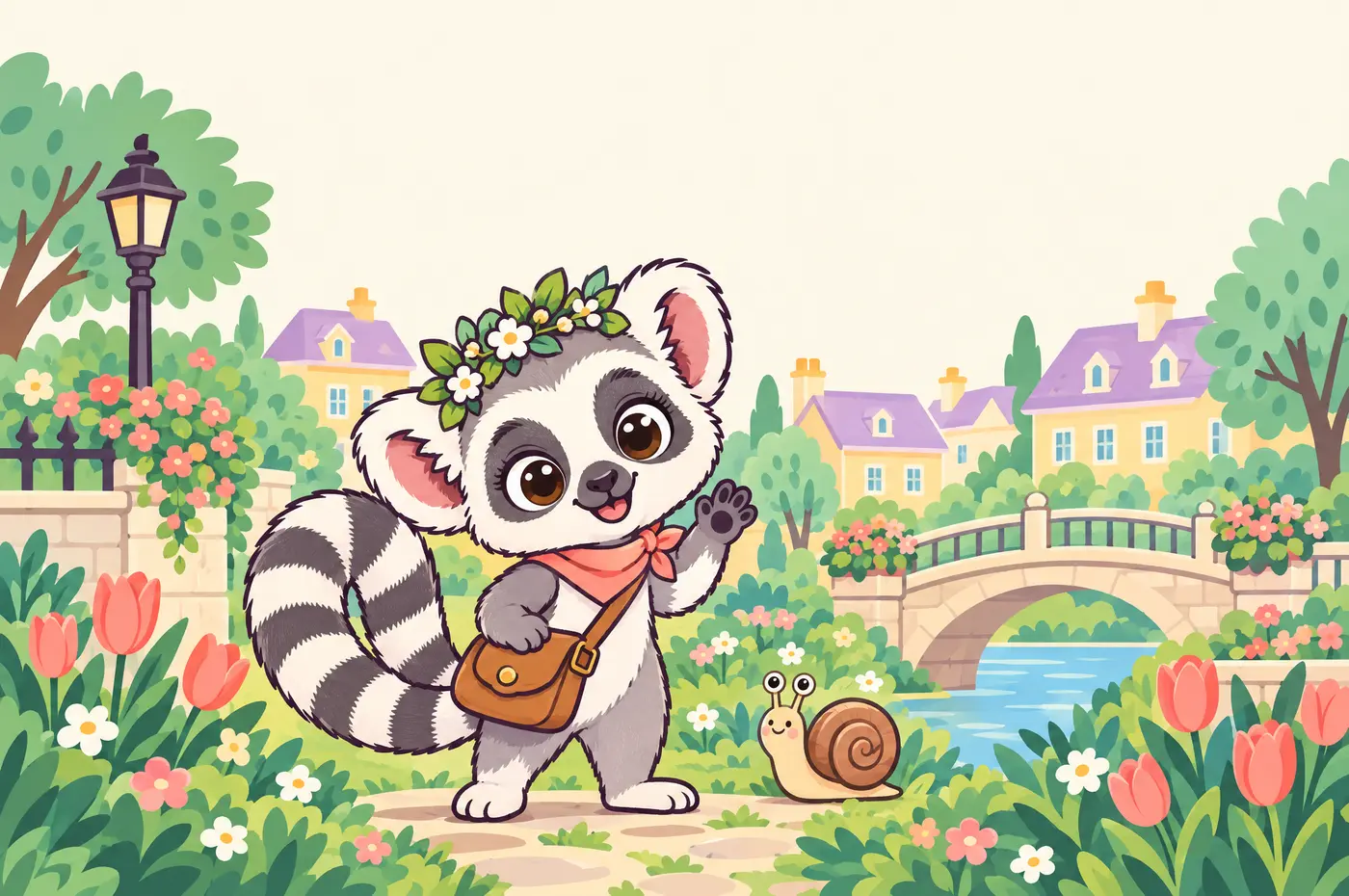 Lumi waves from a sunny garden beside a tiny city bridge and a friendly snail