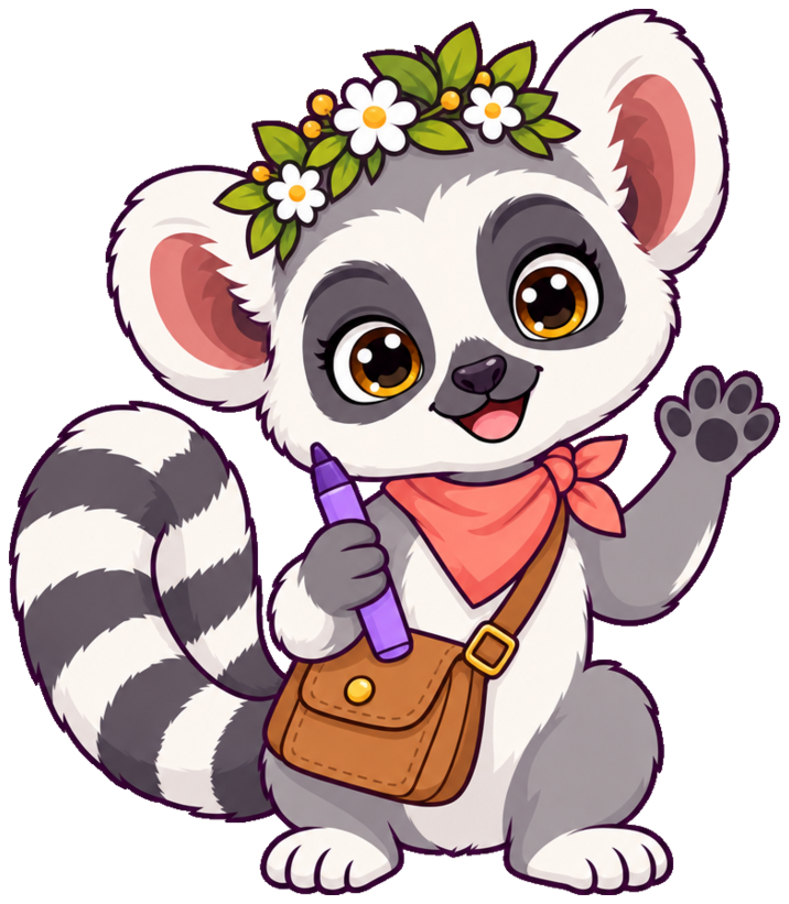 Lumi waving hello with a lilac marker, a coral scarf and a little satchel