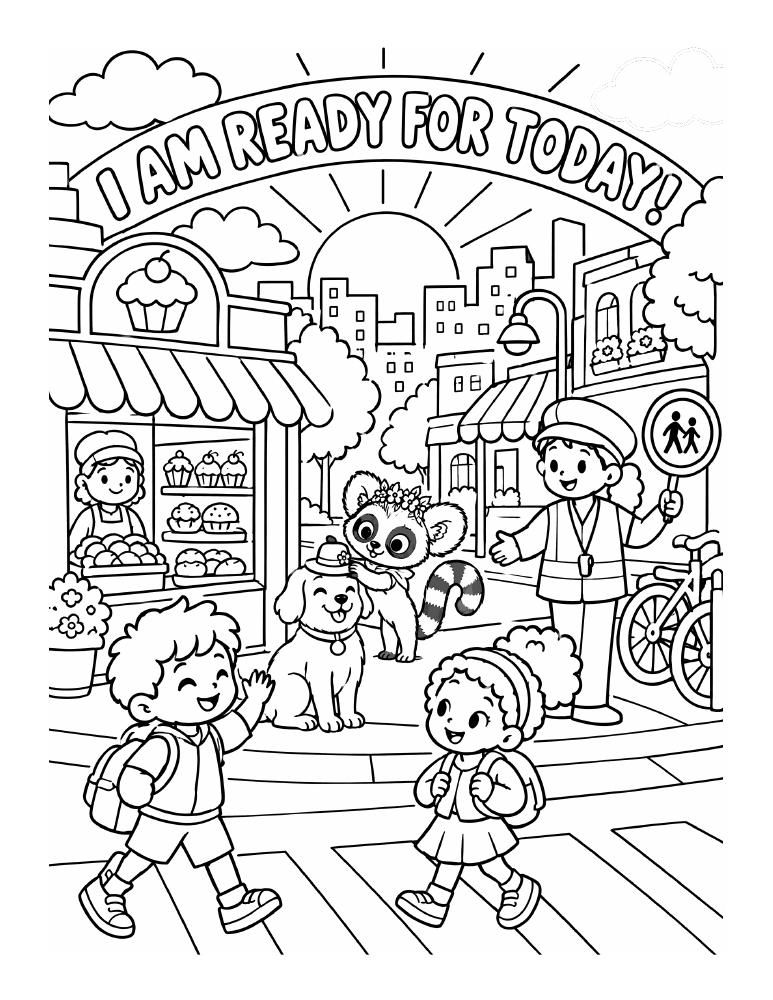 Children crossing a city street with Lumi, above the affirmation “I am ready for today!”