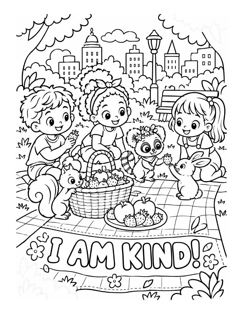 Children and animal friends sharing a park picnic, above the affirmation “I am kind!”