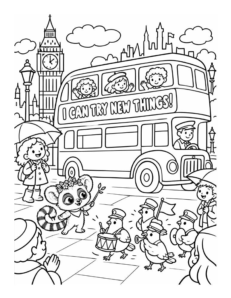 A double-decker bus and a marching band of little birds, above the affirmation “I can try new things!”